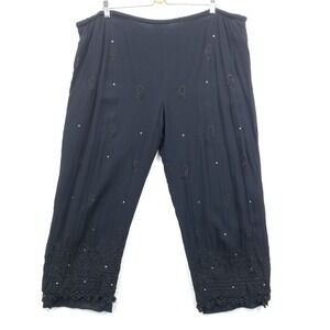 Soft Surroundings Pants Women L/P Embroidered Rhinestone Drawstring‎ Palazzo